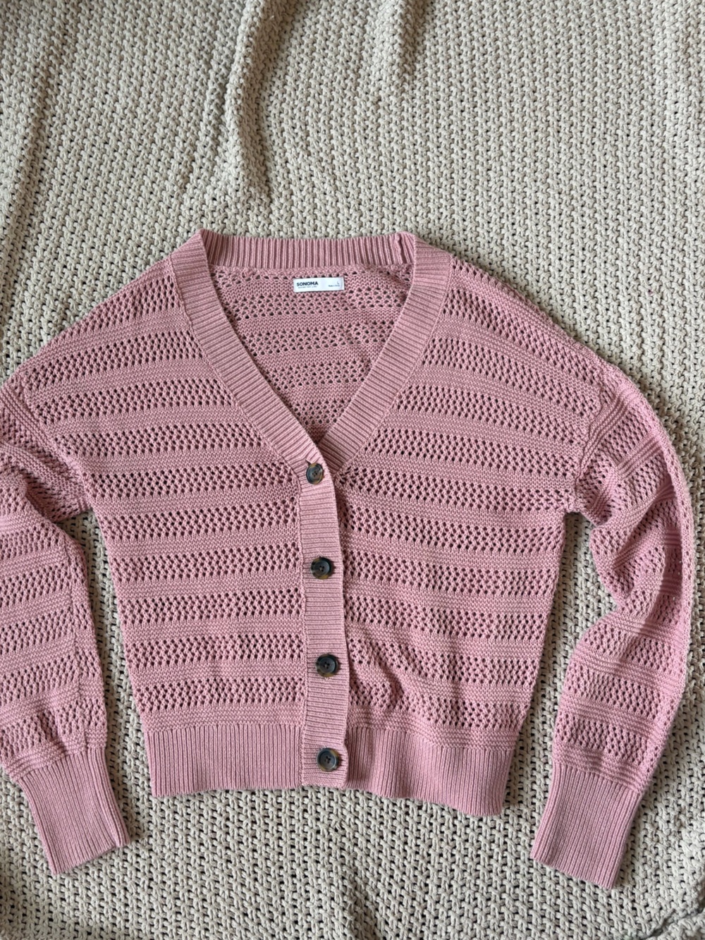 Sonoma Rose Pink Open-Knit Button Cardigan